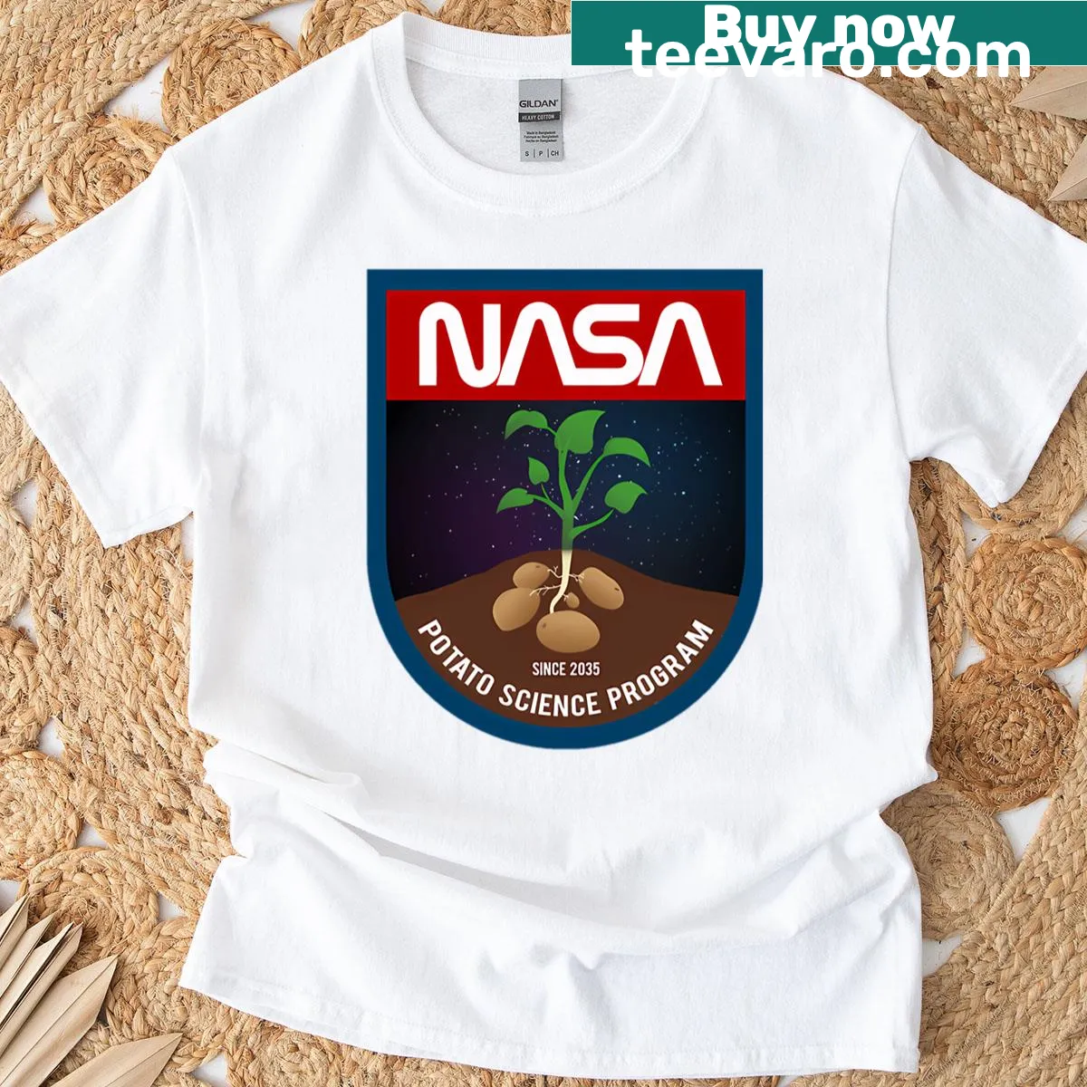 Whimsical T-shirt featuring a Martian potato science theme — on a men's t-shirt