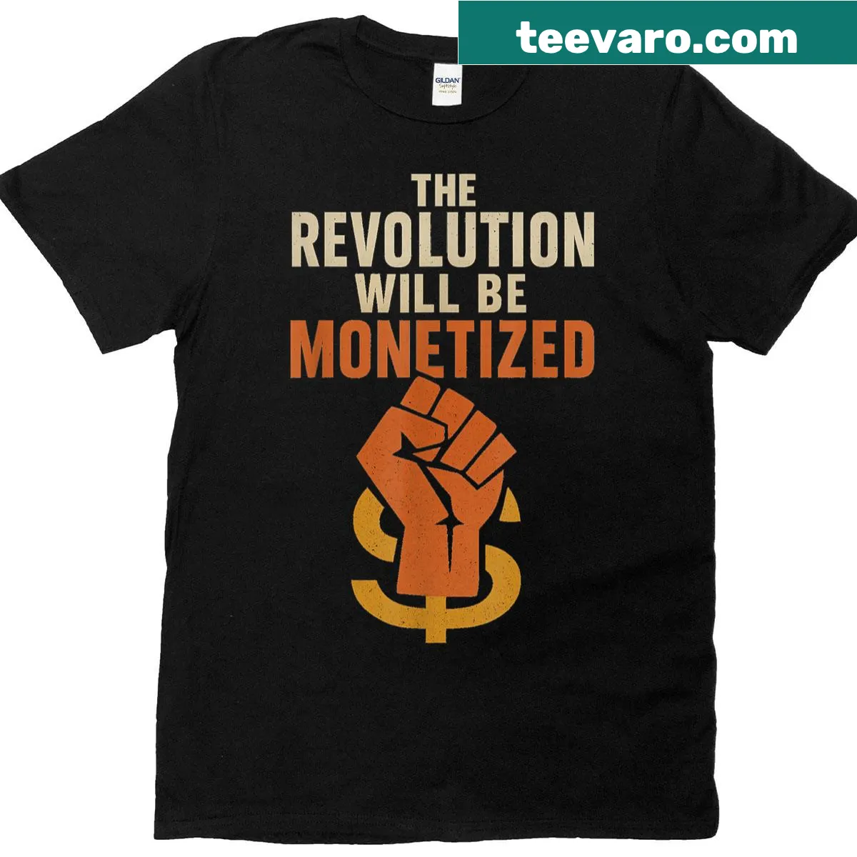 Humorous typography t-shirt with the phrase 'The Revolution Will Be Monetized' — on a men's t-shirt
