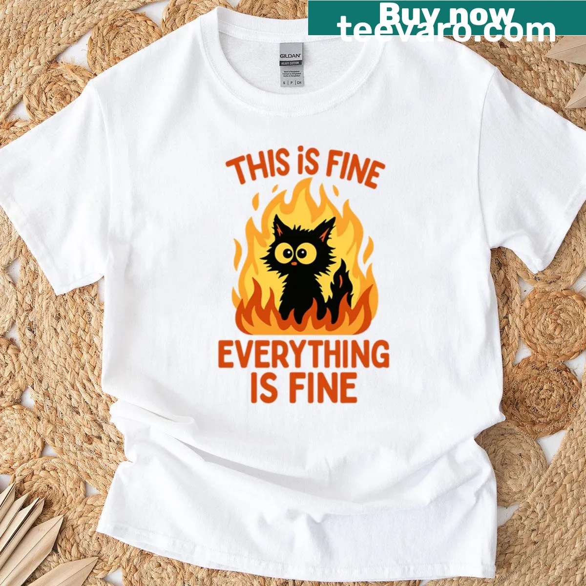 Funny cat design with the phrase 'This Is Fine' on a t-shirt — on a men's t-shirt