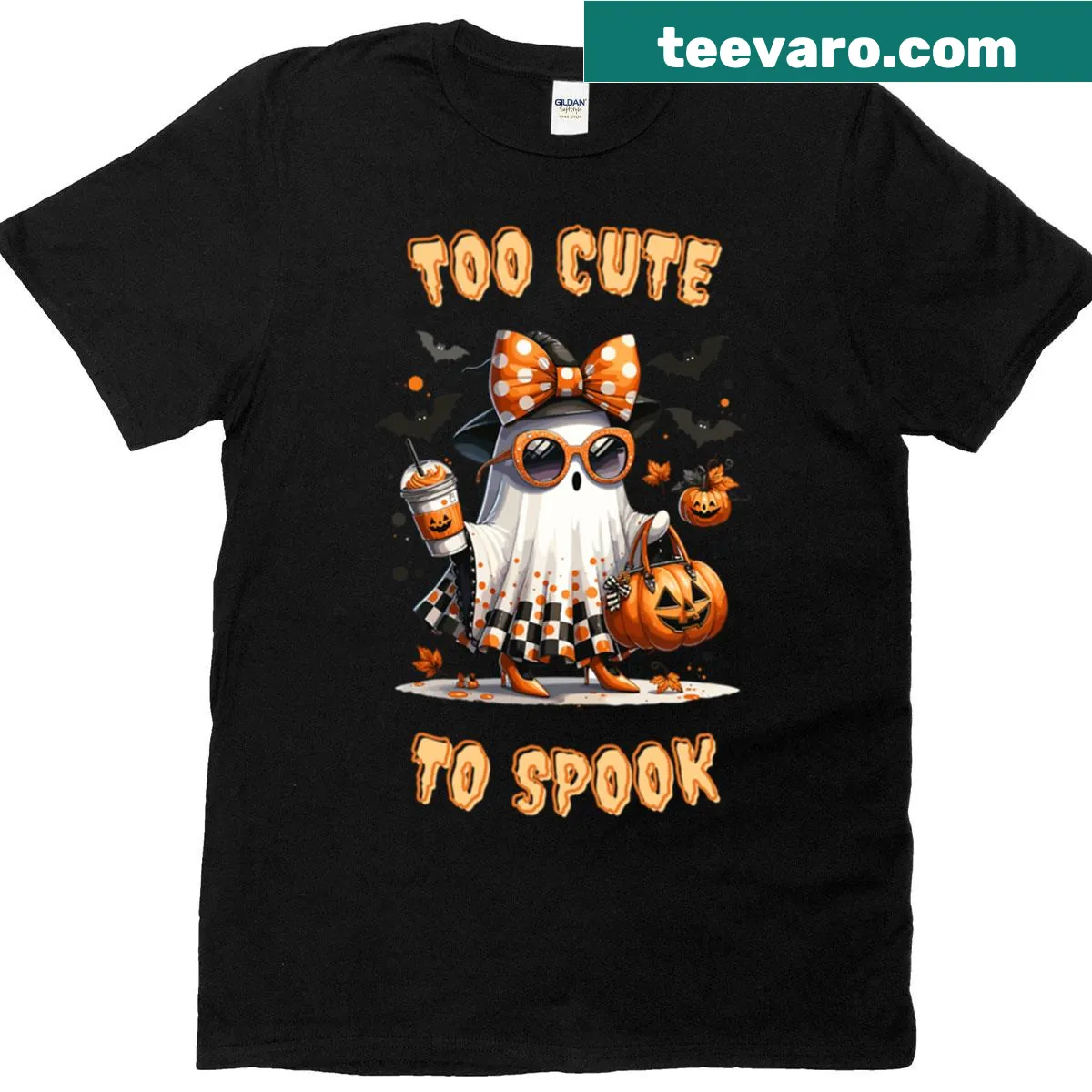 Cute oversized Halloween T-shirt with ghost and pumpkin spice design — on a men's t-shirt