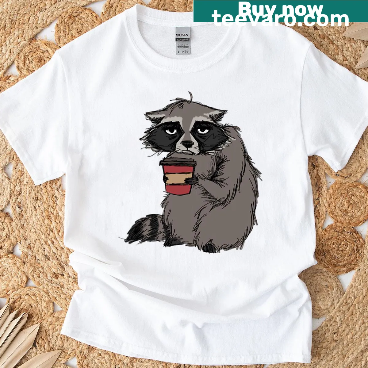 Illustrated Timmy the Raccoon design t-shirt — on a men's t-shirt