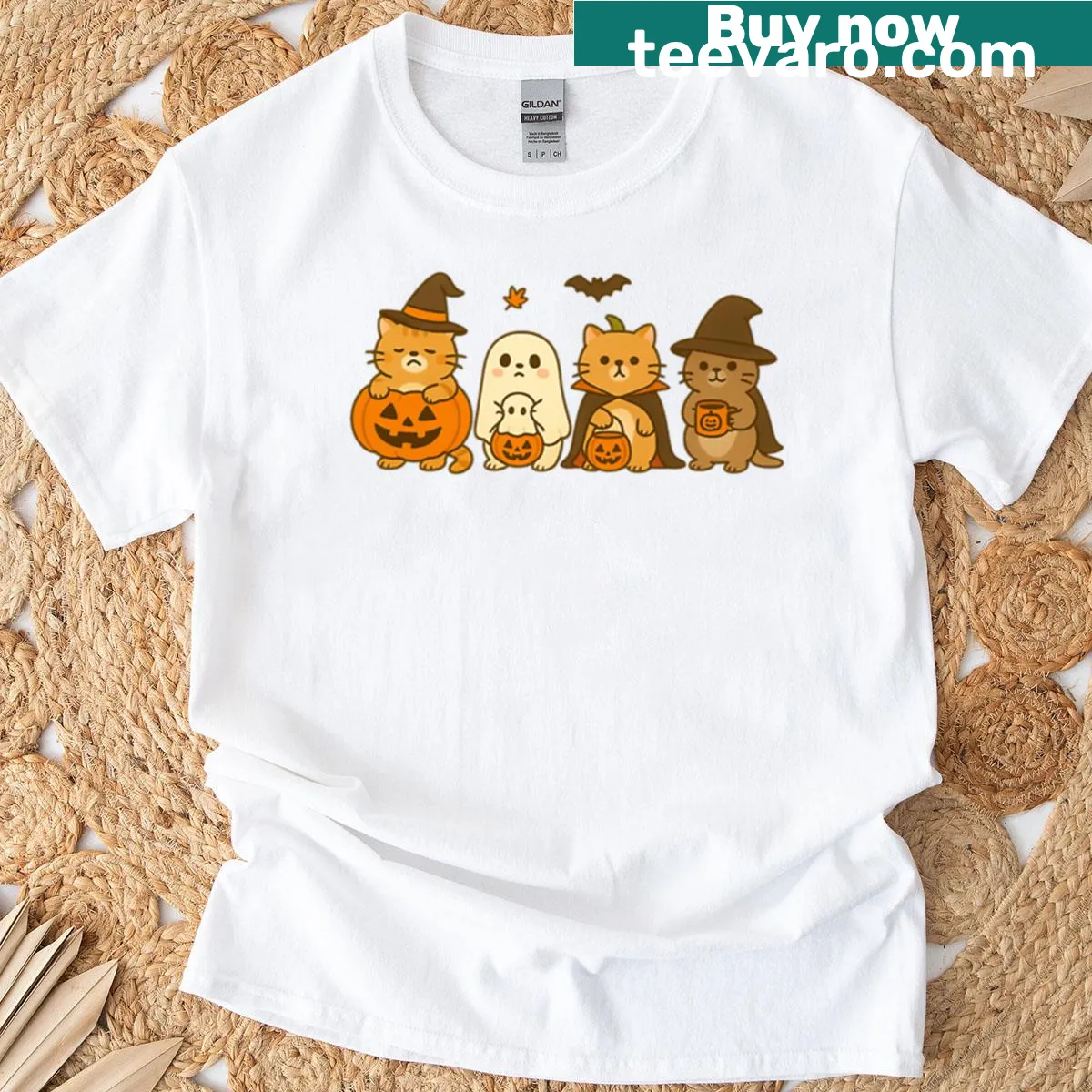 Boxy T-shirt with cute cartoon cats in Halloween costumes — on a men's t-shirt