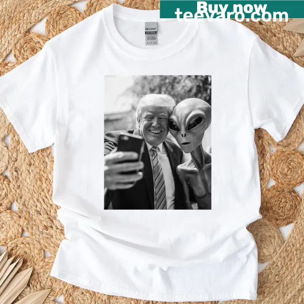 Cartoon design of Trump taking a selfie with an alien