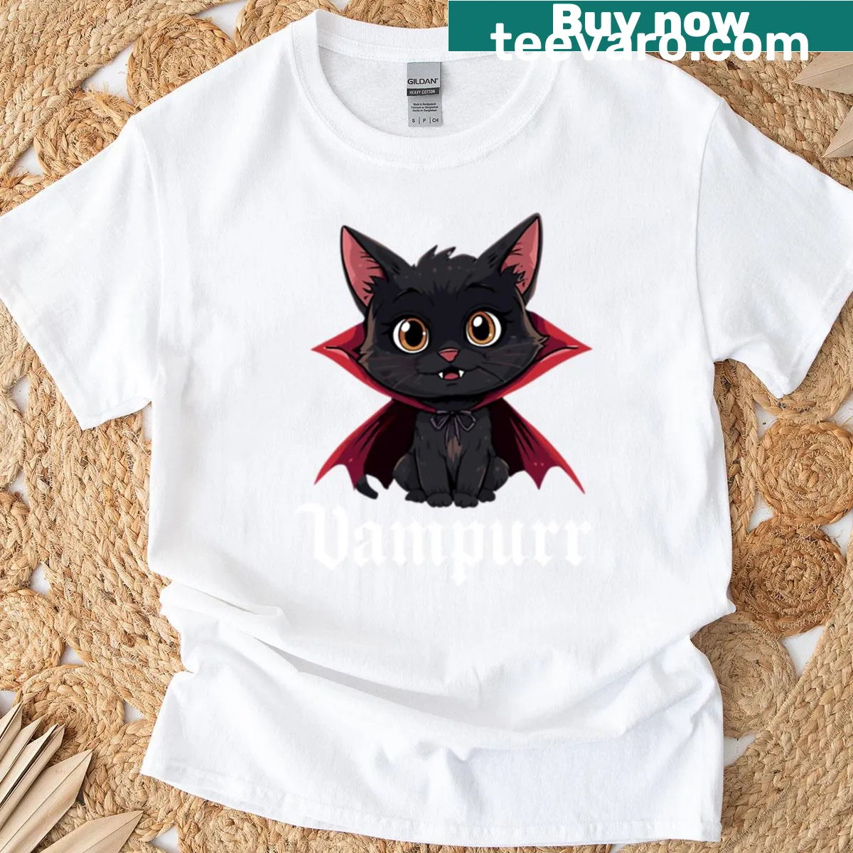 Cartoon vampire cat with fangs for Halloween-themed shirt — on a men's t-shirt