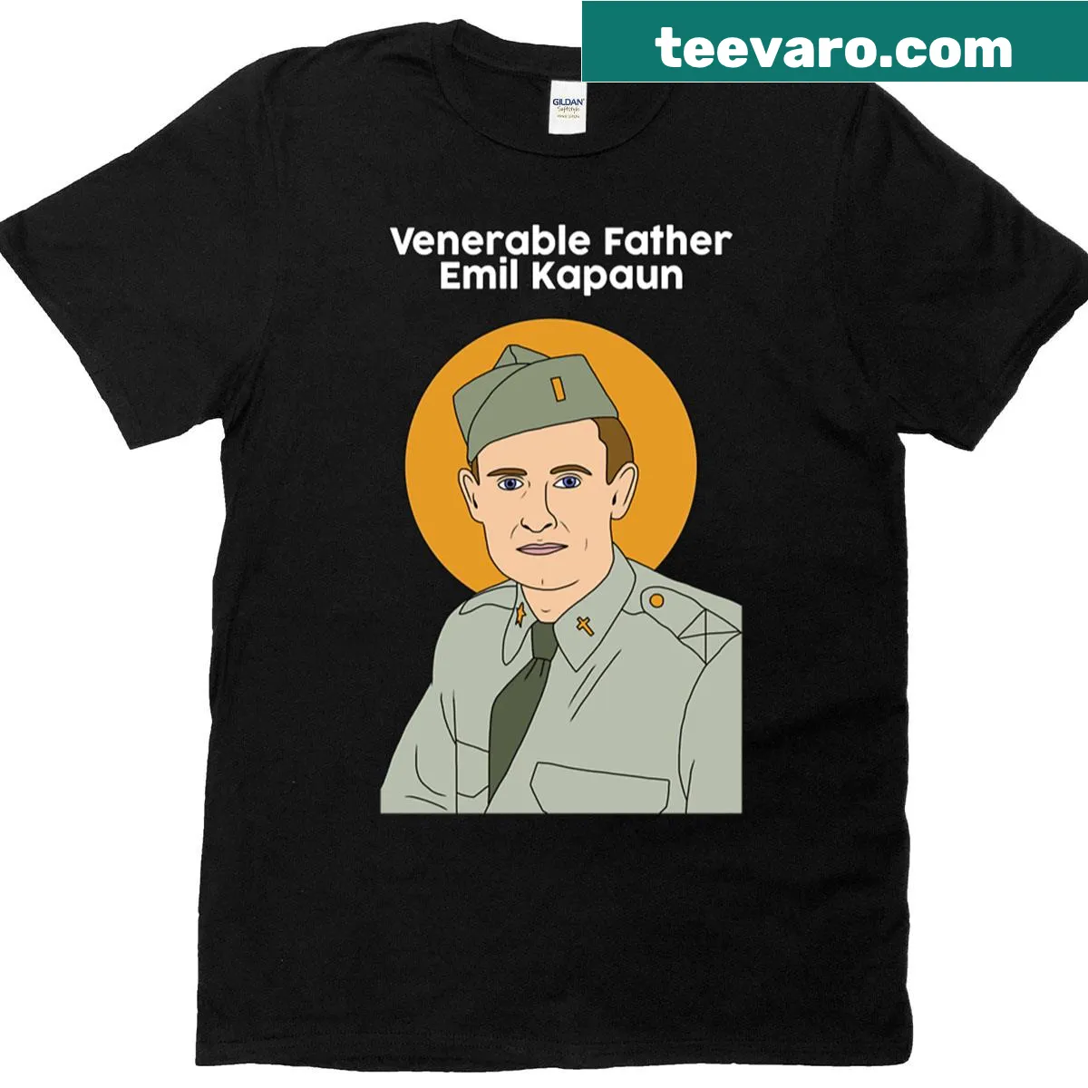 Tribute t-shirt featuring the name Emil Kapaun in elegant typography — on a men's t-shirt