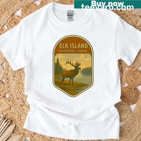 Vintage T-shirt with a detailed Elk Island national park illustration.