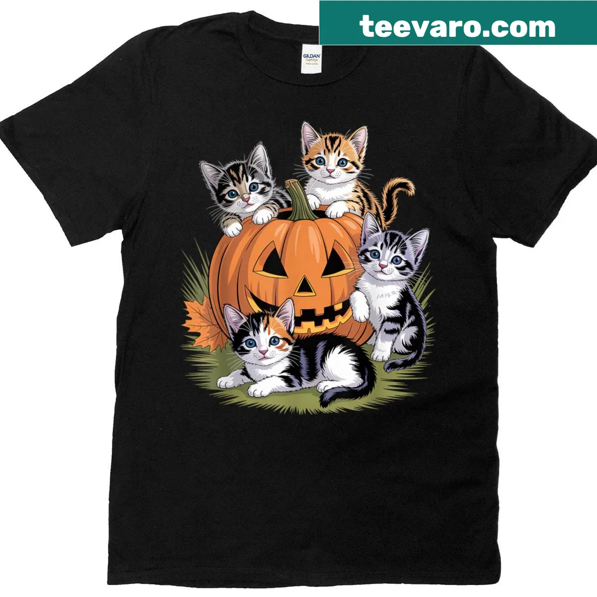 Vintage Halloween t-shirt with kittens and pumpkins — on a men's t-shirt