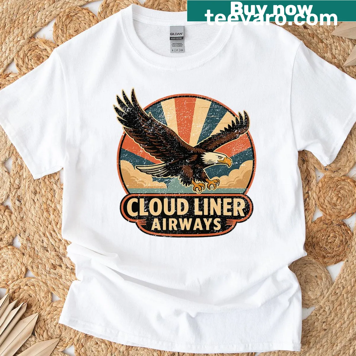 Vintage eagle and airline logo graphic on a retro T-shirt — on a men's t-shirt