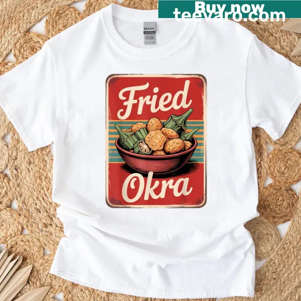 Whimsical T-shirt featuring a vintage design of fried okra.