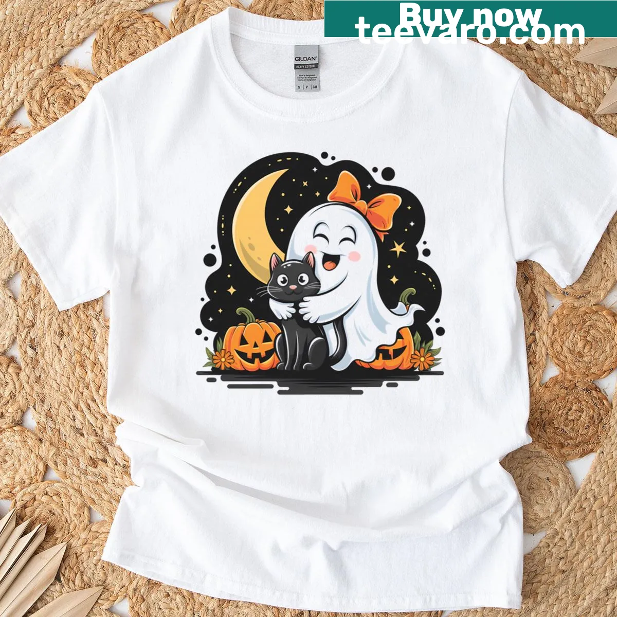Vintage-style T-shirt featuring a ghost holding a black cat for Halloween — on a men's t-shirt