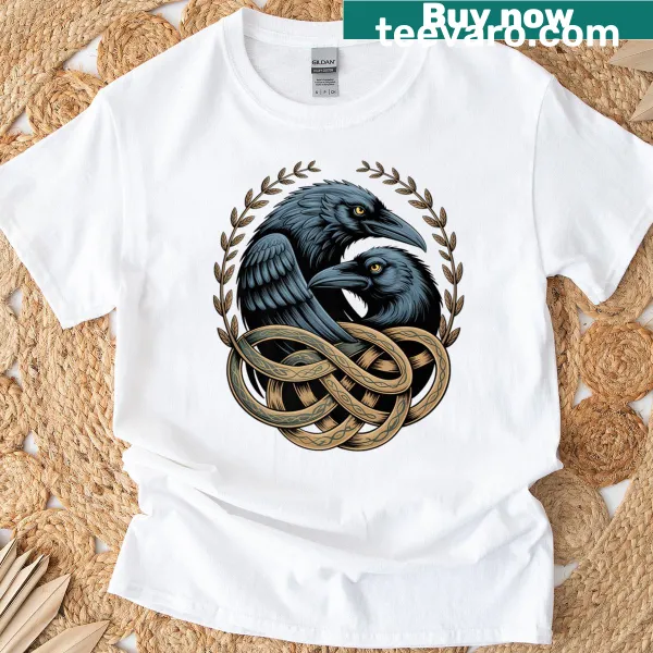 Illustrated T-shirt featuring Odin's raven, celebrating Norse mythology.