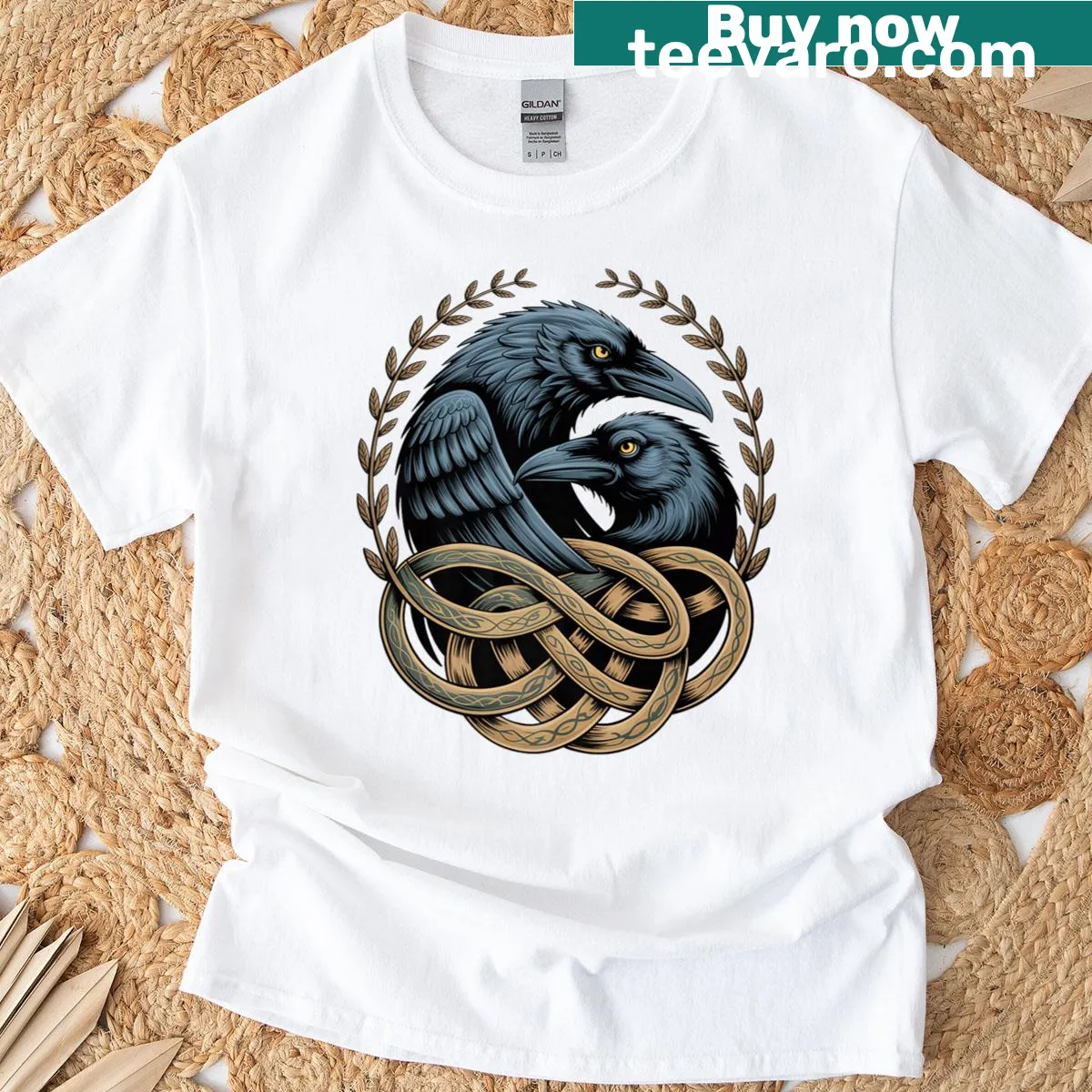 Illustrated T-shirt featuring Odin's raven, celebrating Norse mythology. — on a men's t-shirt