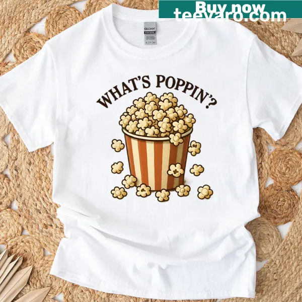 Vintage popcorn-themed t-shirt with playful text and illustration
