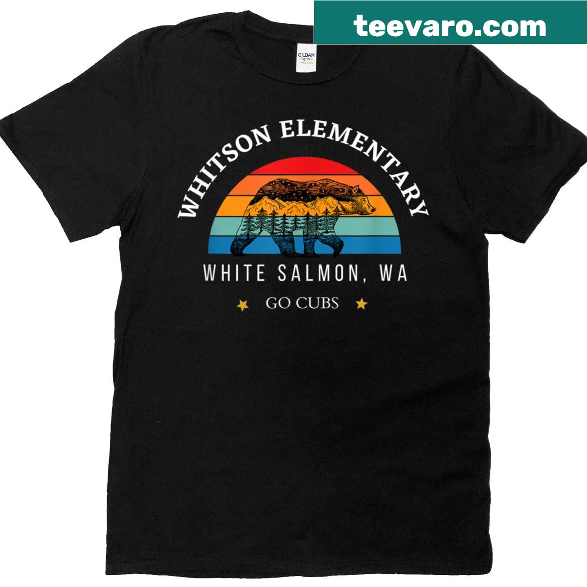 Illustrated T-shirt with a rainbow cub mascot for Whitson Elementary. — on a men's t-shirt