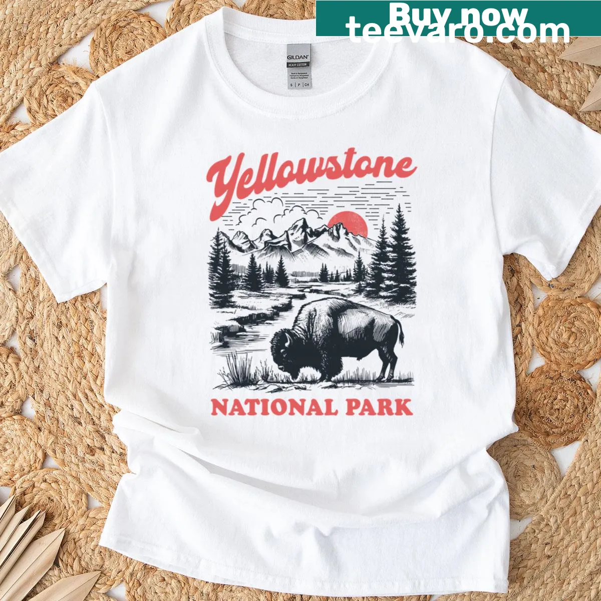 Illustrated retro mountain sunset with wild buffalo on T-shirt — on a men's t-shirt