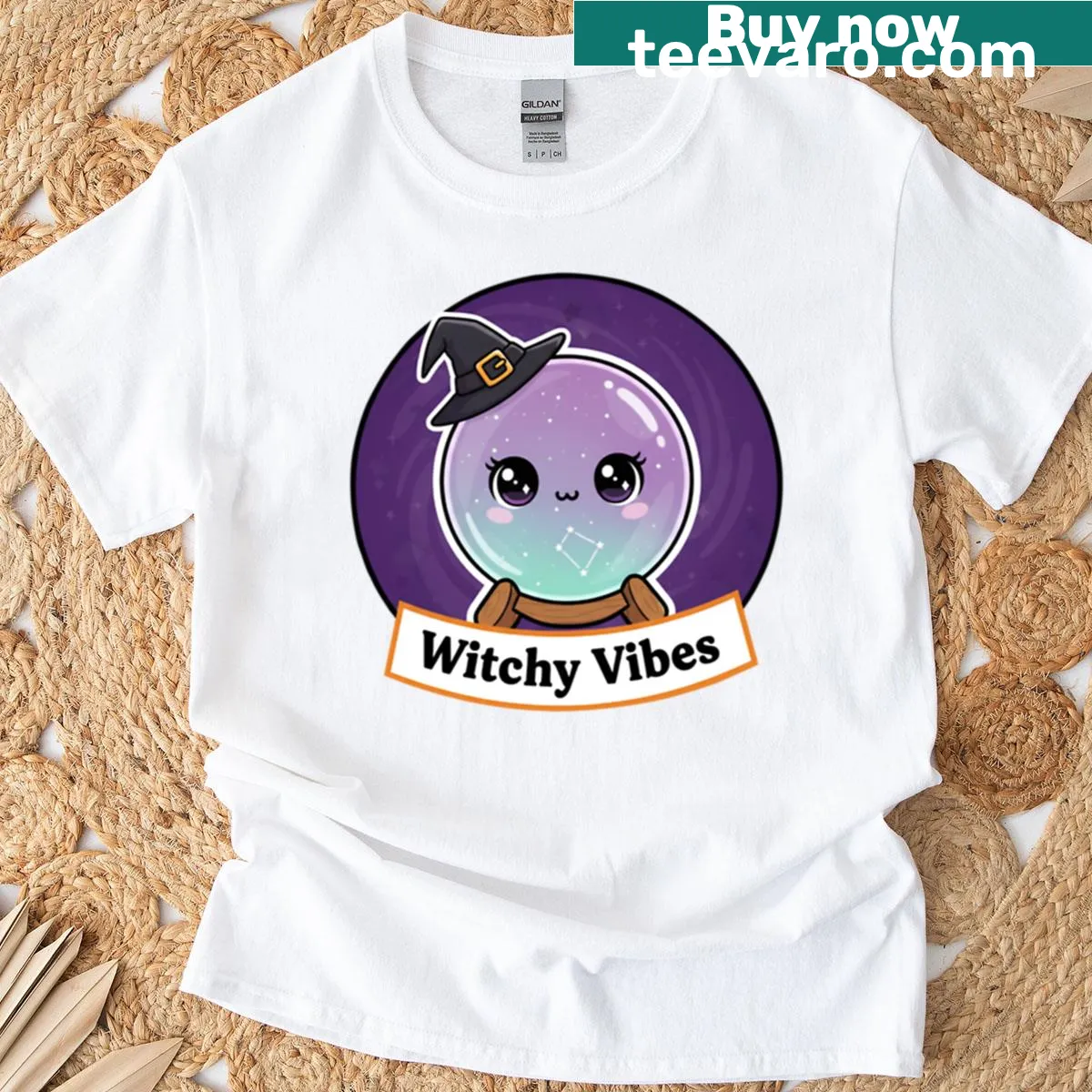 Oversized t-shirt with whimsical witch-themed graphics — on a men's t-shirt