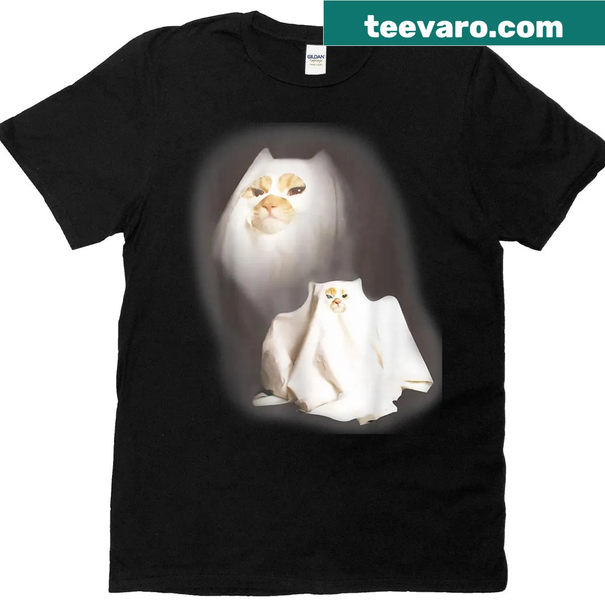 Funny Halloween T-shirt with cartoon graphic of wizard cat and ghost — on a men's t-shirt