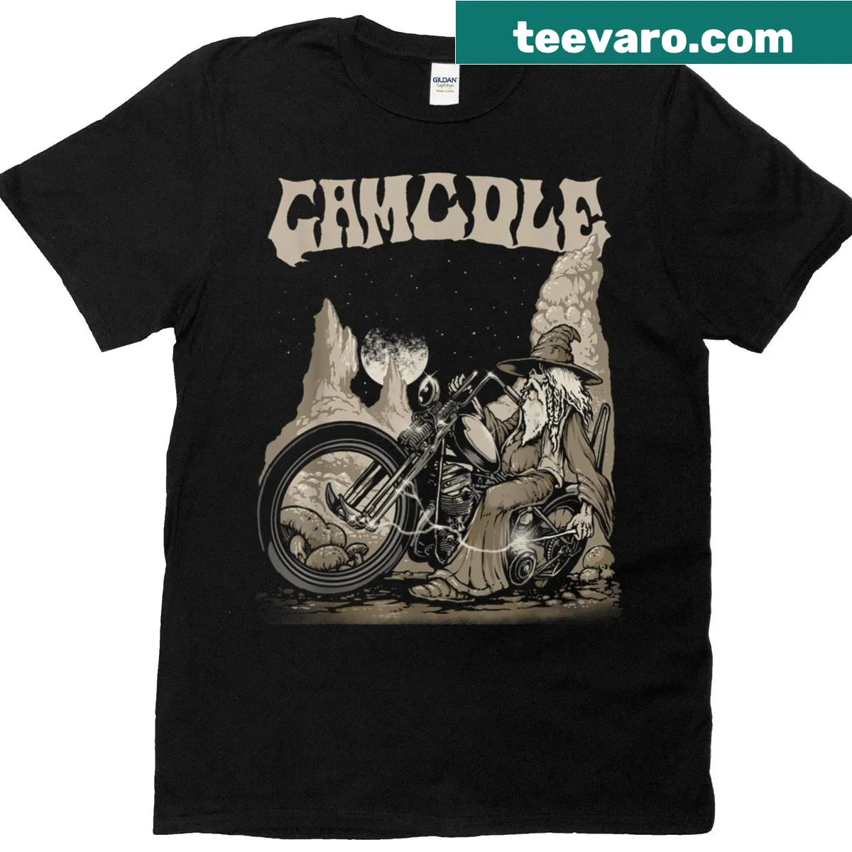 Humorous illustration of a wizard riding a chopper. — on a men's t-shirt