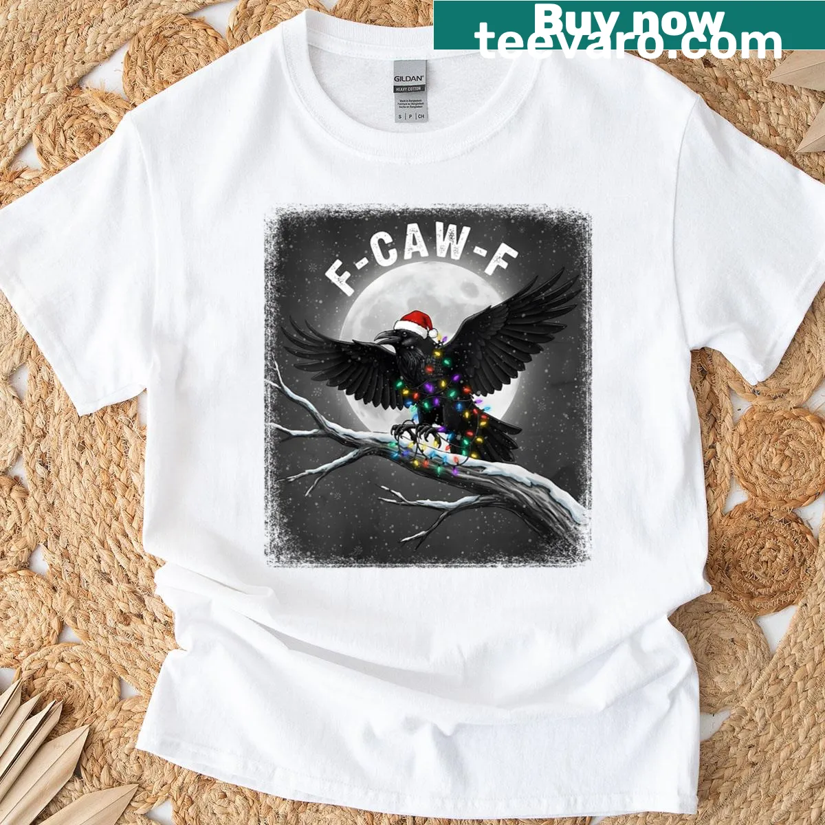 Funny T-shirt with a black crow in Christmas lights under the moon — on a men's t-shirt
