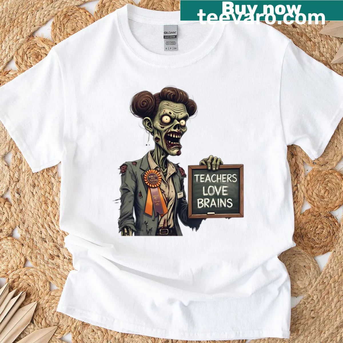 Funny Halloween t-shirt with a zombie and 'Teachers Love Brains' text — on a men's t-shirt