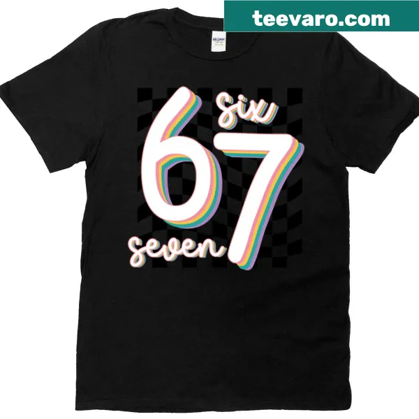 Checkered t-shirt featuring the '67 Six Seven Meme' phrase.