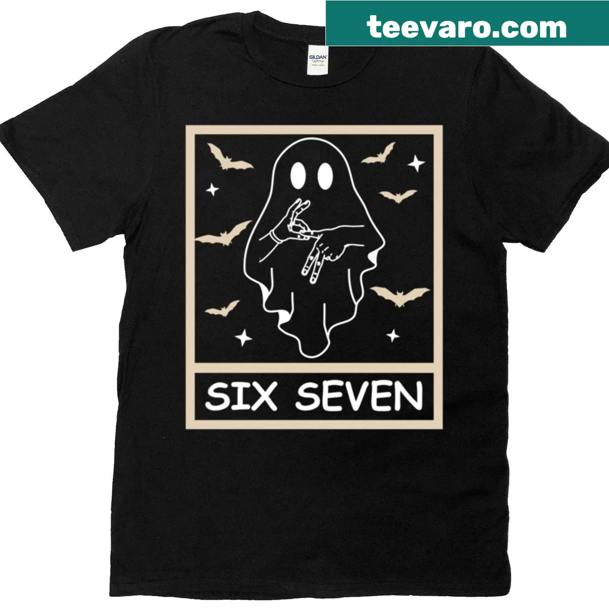 Halloween-themed t-shirt featuring a ghost, bat, and '67 Six Seven Meme'. — on a men's t-shirt