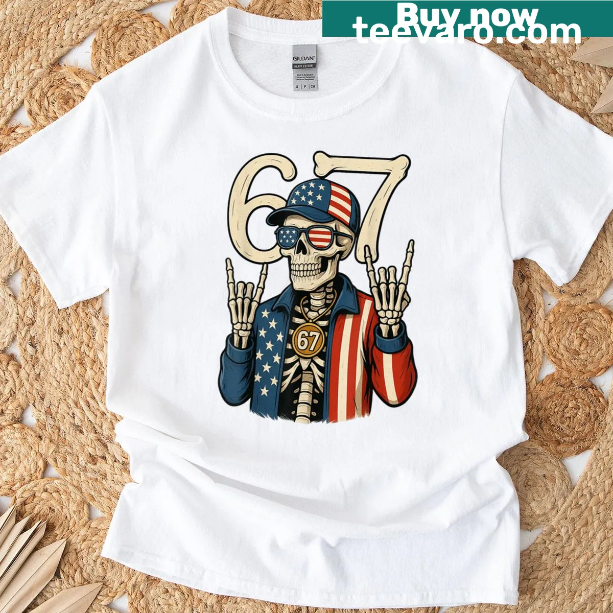 Funny Halloween T-shirt featuring a skeleton and '67 Skeleton' text — on a men's t-shirt