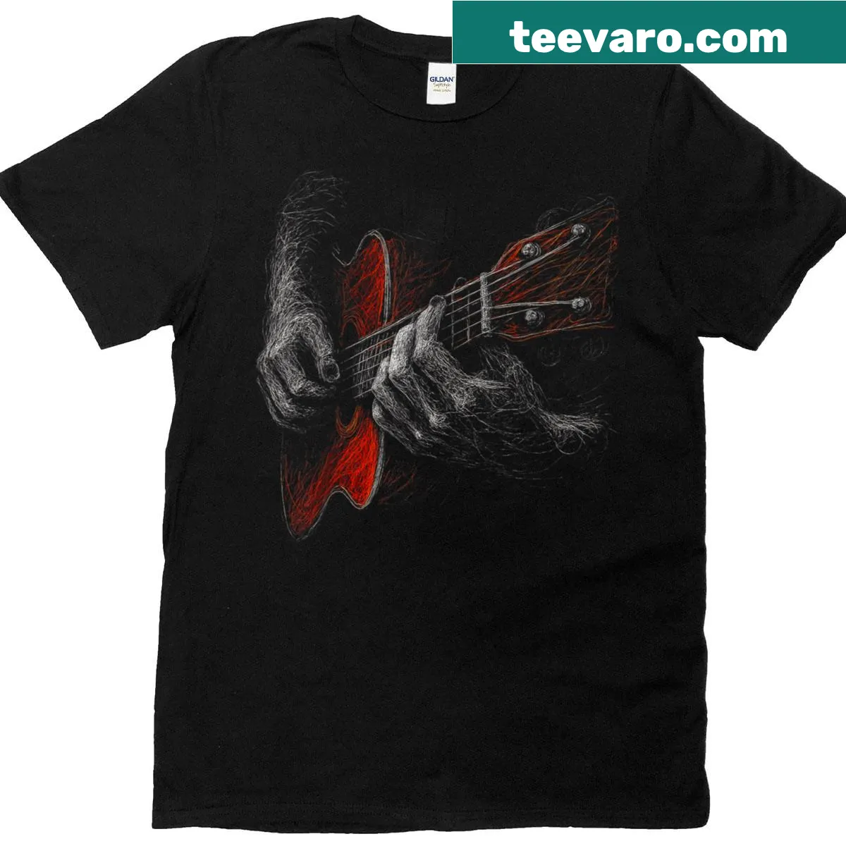 Vintage-style t-shirt celebrating acoustic guitar players and teachers. — on a men's t-shirt