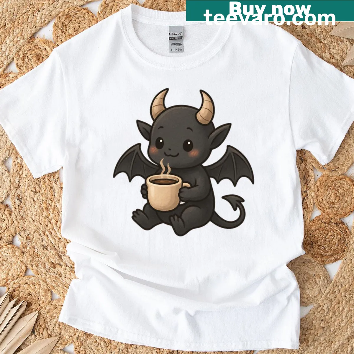 Cute demons graphic T-shirt with blue mug — on a men's t-shirt