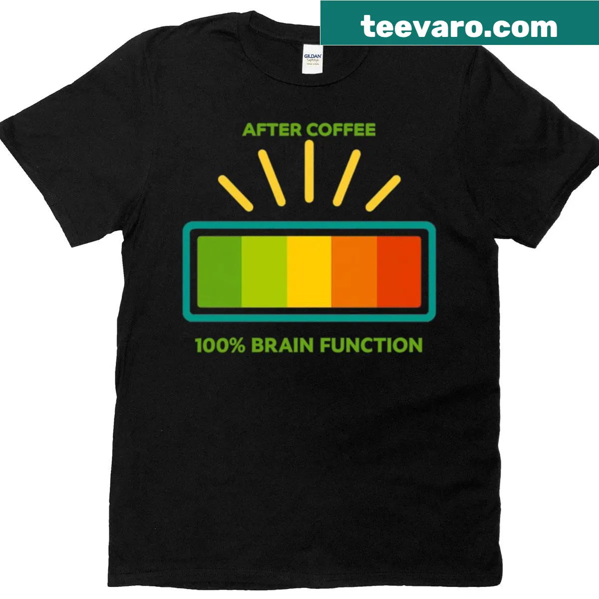Graphic t-shirt with humorous text about coffee and brain function. — on a men's t-shirt