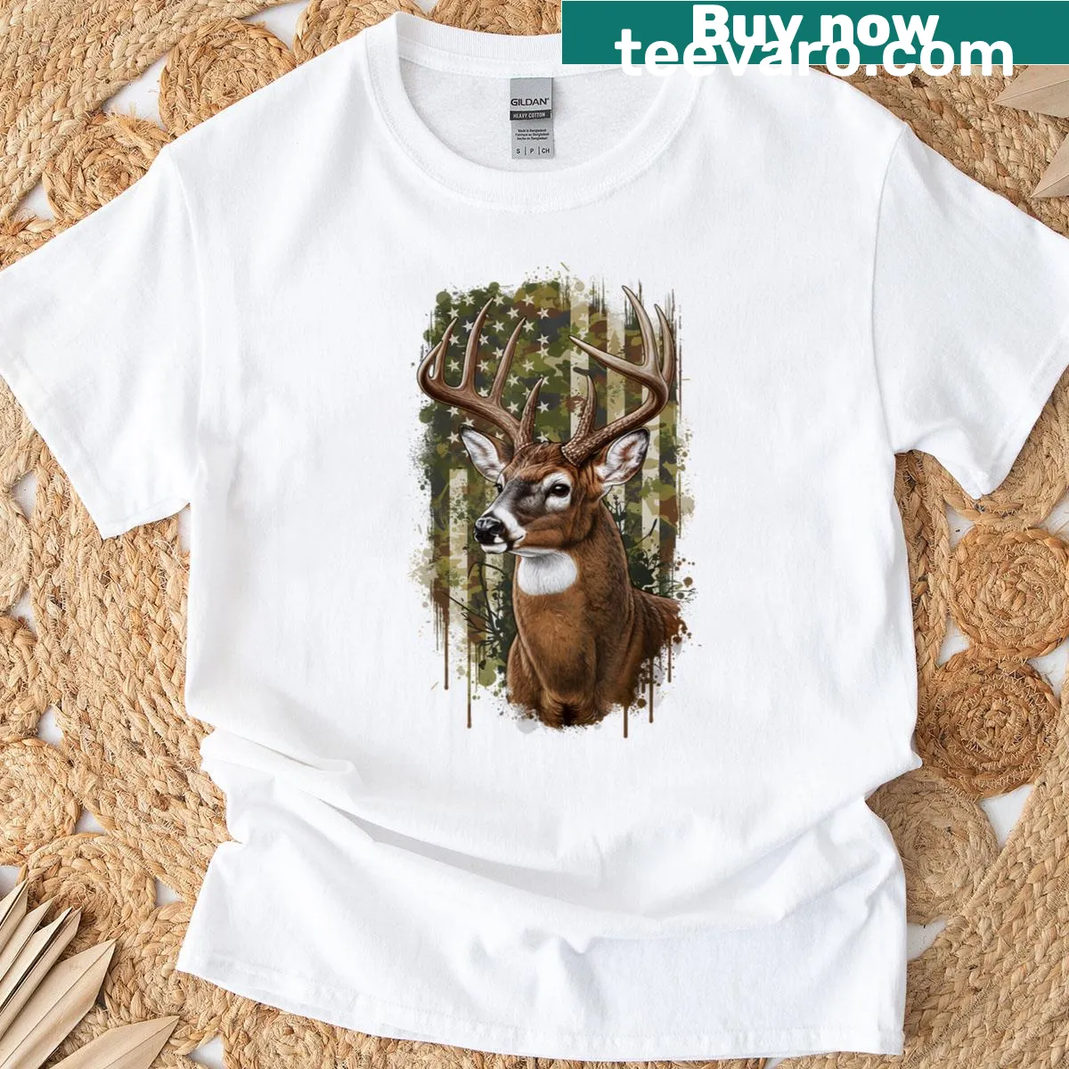 Patriotic T-shirt with American flag and camouflage buck design — on a men's t-shirt