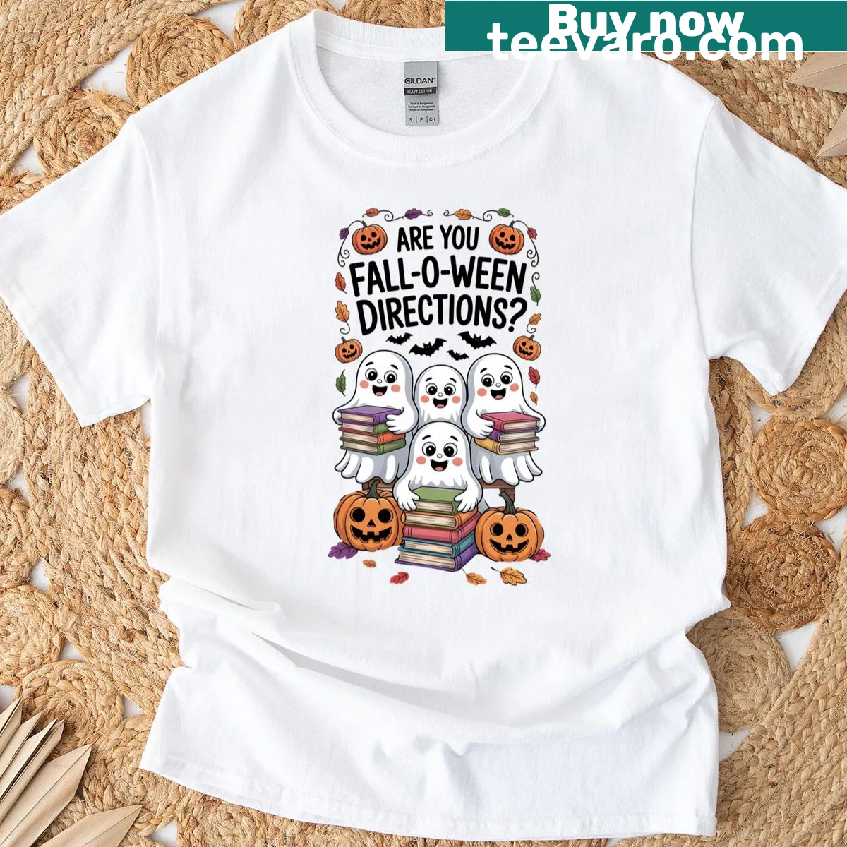 Halloween T-shirt for teachers with ghost illustration and directions text — on a men's t-shirt