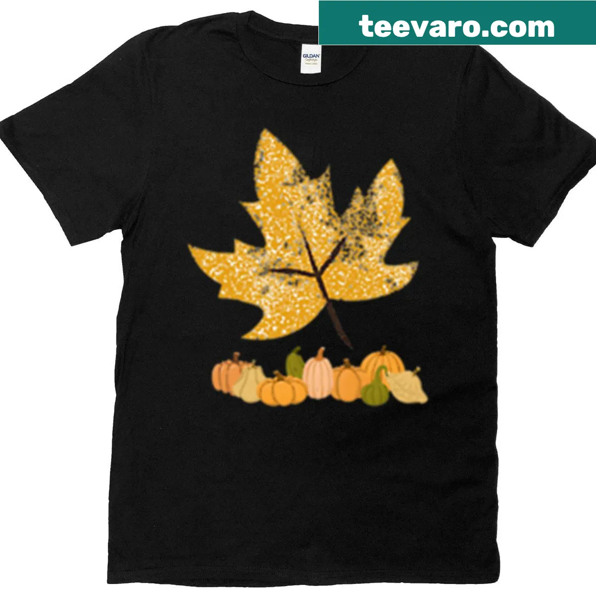 Illustrated autumn feast t-shirt with multiple pumpkins. — on a men's t-shirt