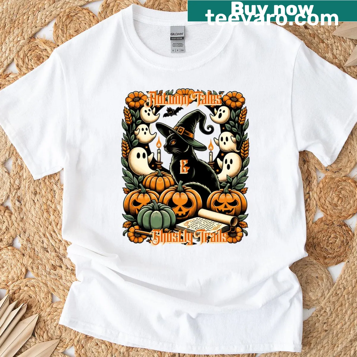 Whimsical Halloween design featuring a black cat, witch, and pumpkins — on a men's t-shirt