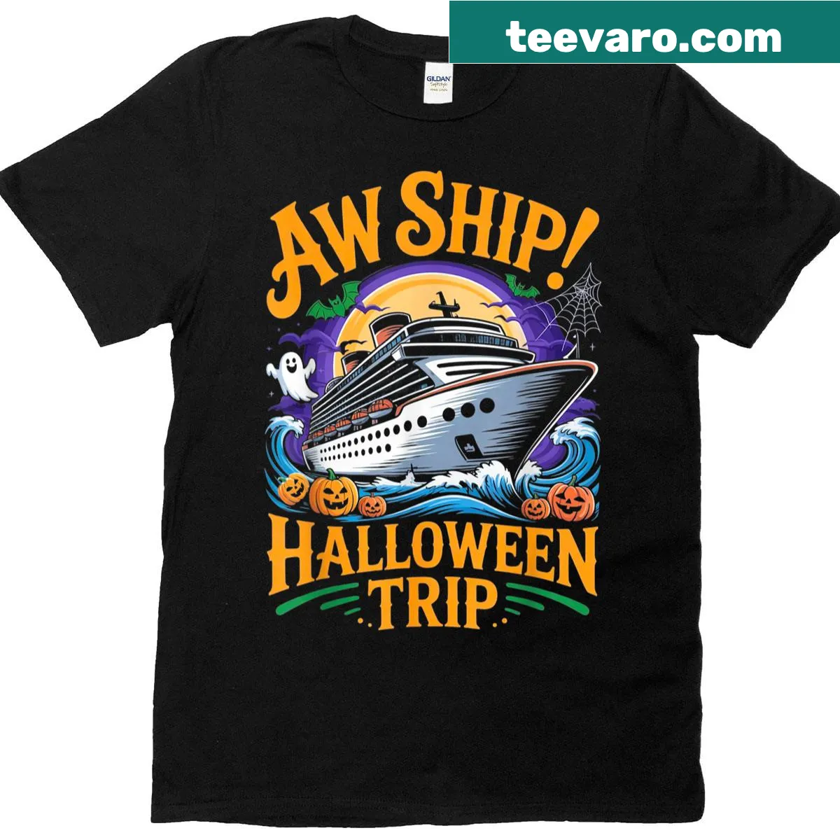 Whimsical ship graphic and Halloween text for family Halloween shirt — on a men's t-shirt