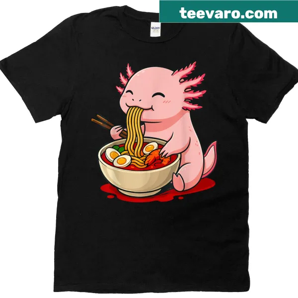 T-shirt with an axolotl eating ramen graphic