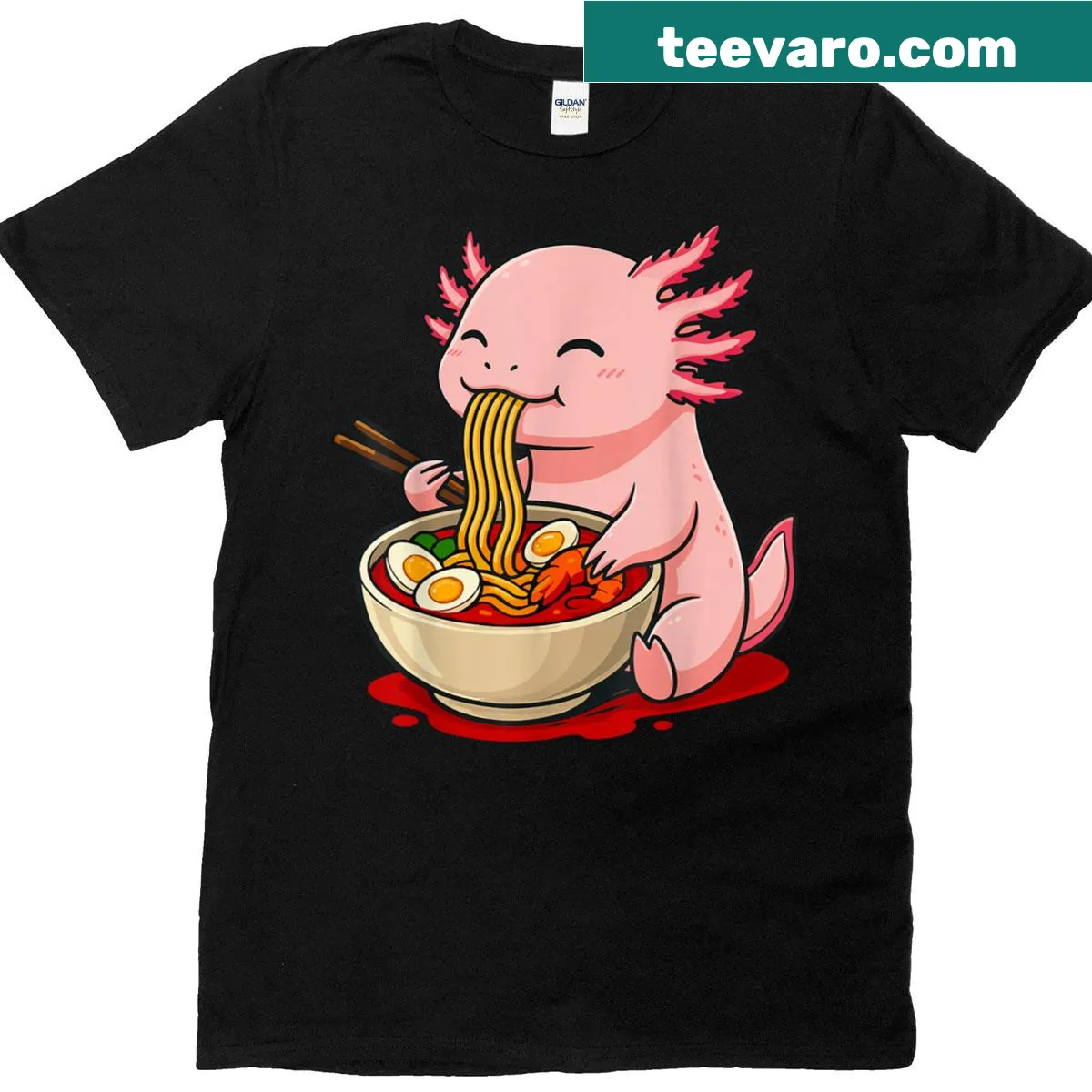 T-shirt with an axolotl eating ramen graphic — on a men's t-shirt