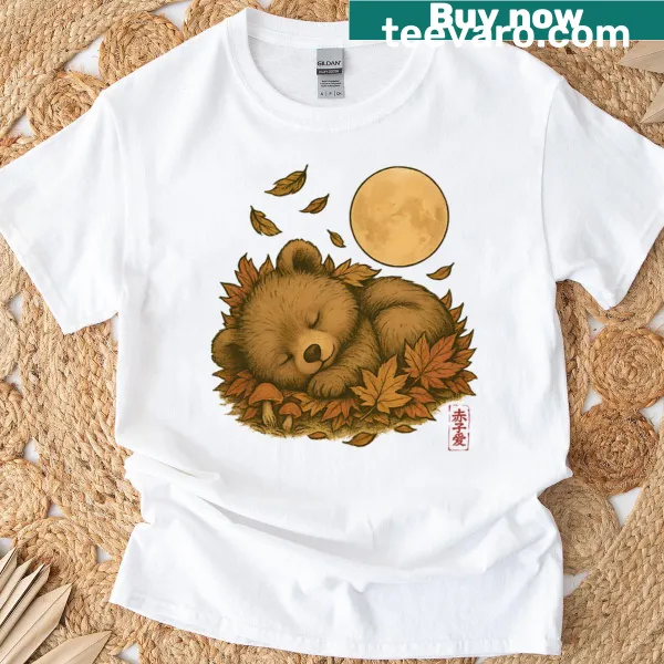 Adorable baby bear asleep under a red autumn moon