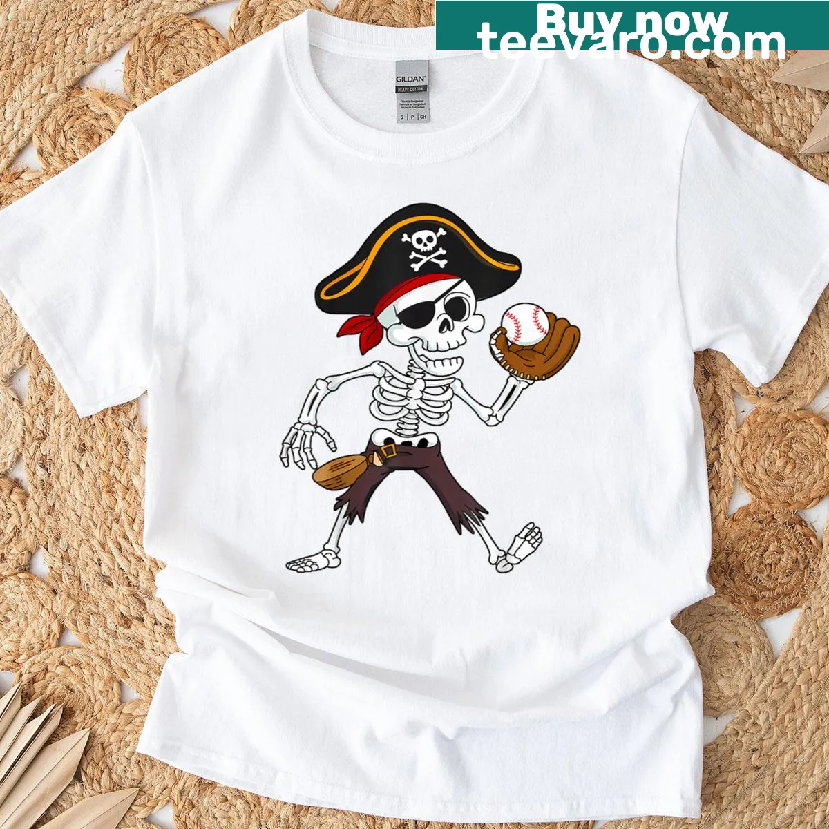 Funny skull and skeleton design on a baseball pirate t-shirt — on a men's t-shirt