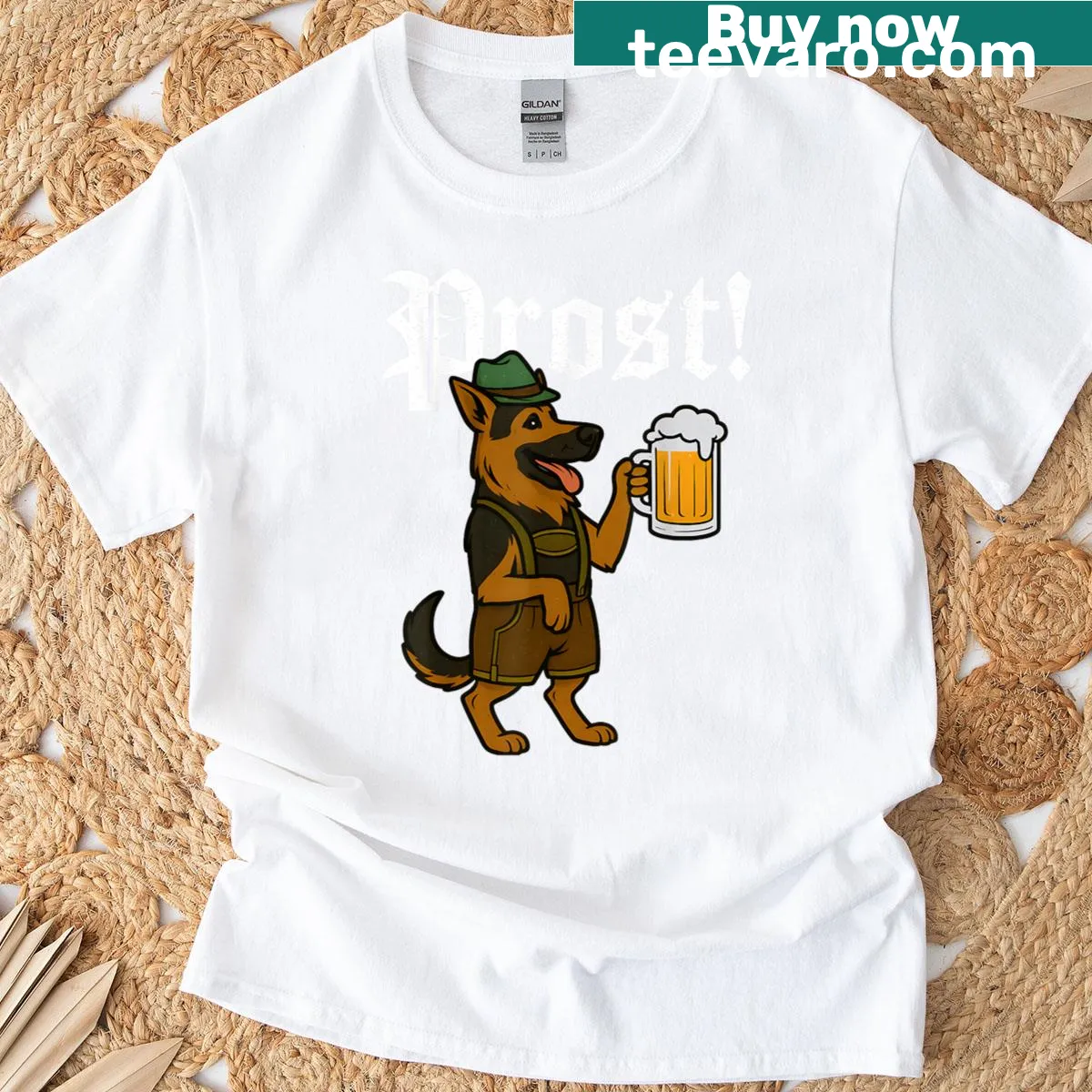 Cartoon German Shepherd in lederhosen holding a beer stein — on a men's t-shirt