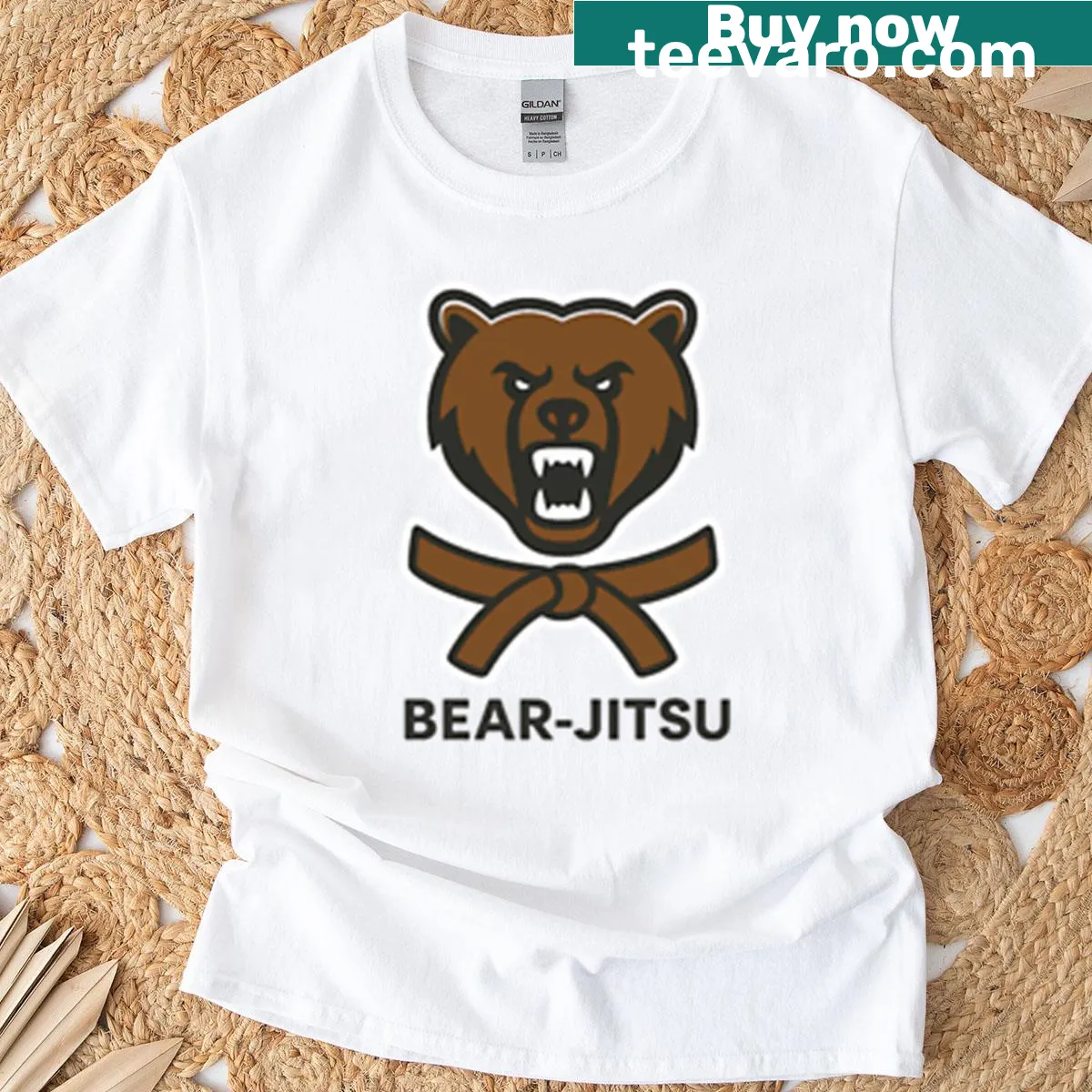 Minimalist T-shirt with bear practicing jiu-jitsu in brown belt — on a men's t-shirt