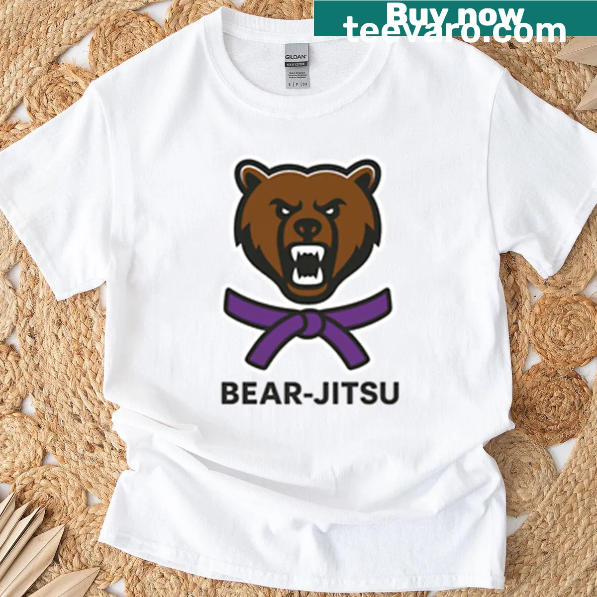 Minimalist t-shirt featuring a bear with a purple belt — on a men's t-shirt