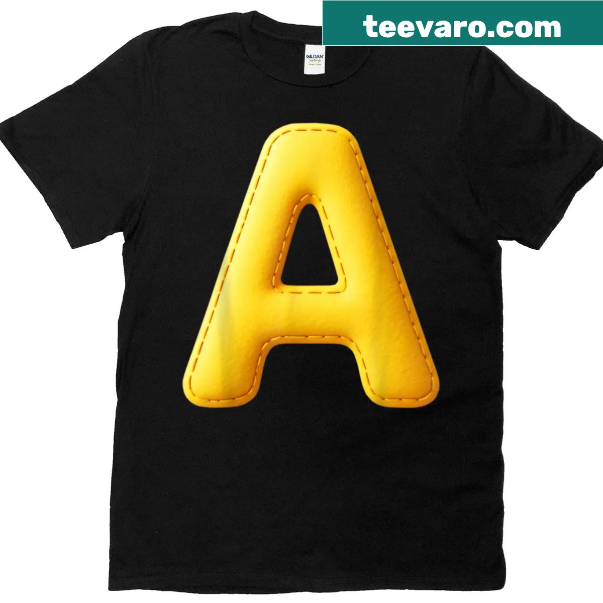 Simple t-shirt featuring a big yellow letter A graphic. — on a men's t-shirt