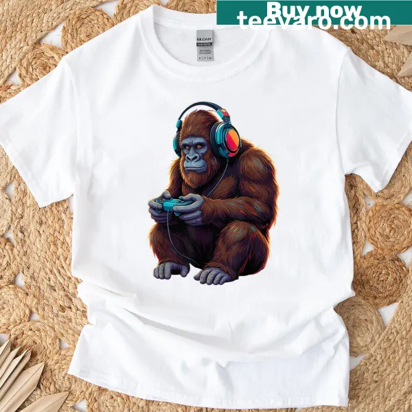 Funny Bigfoot gaming t-shirt with a cartoon Sasquatch and video game controller