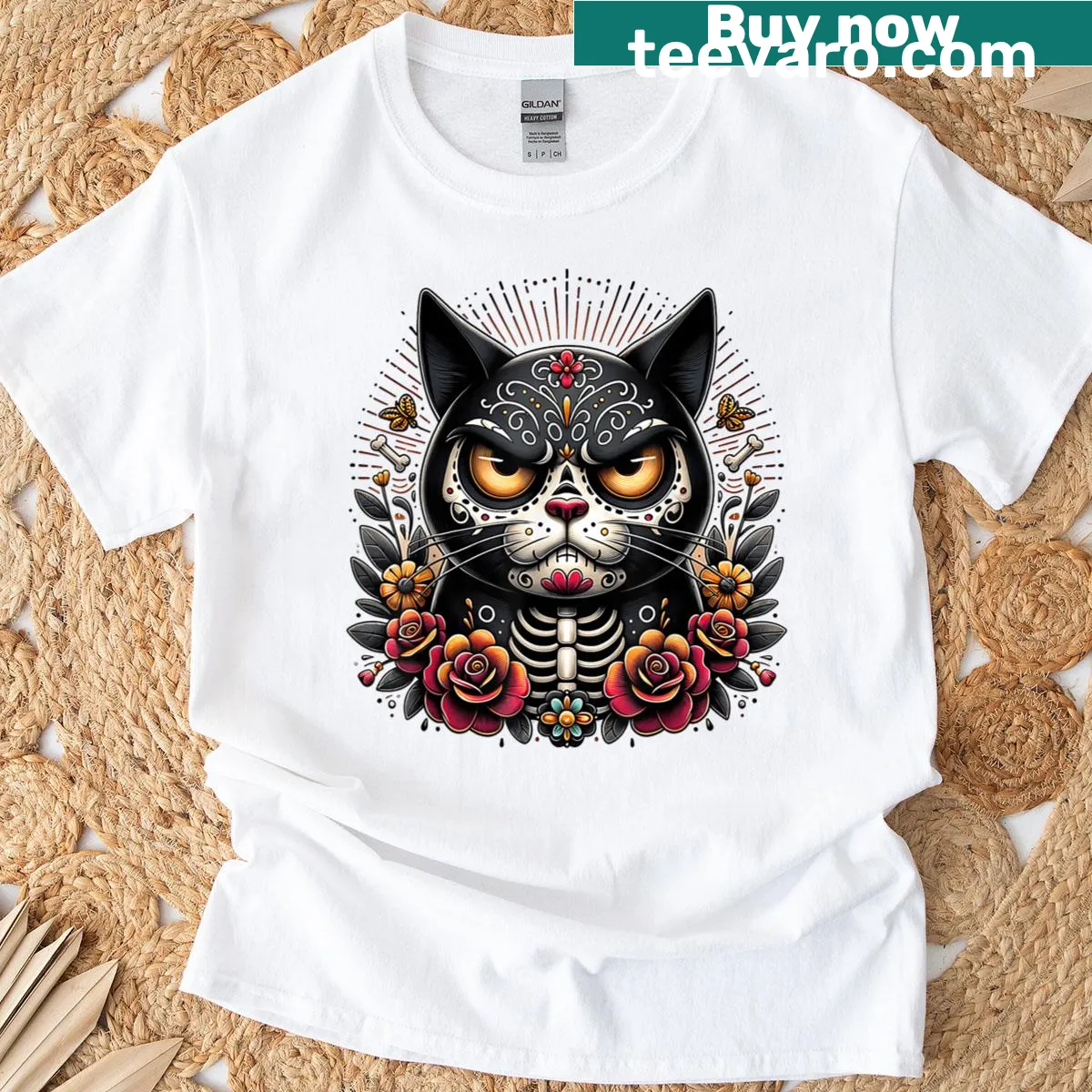 Illustrated grumpy black cat with Dia de Los Muertos decorations for Halloween — on a men's t-shirt