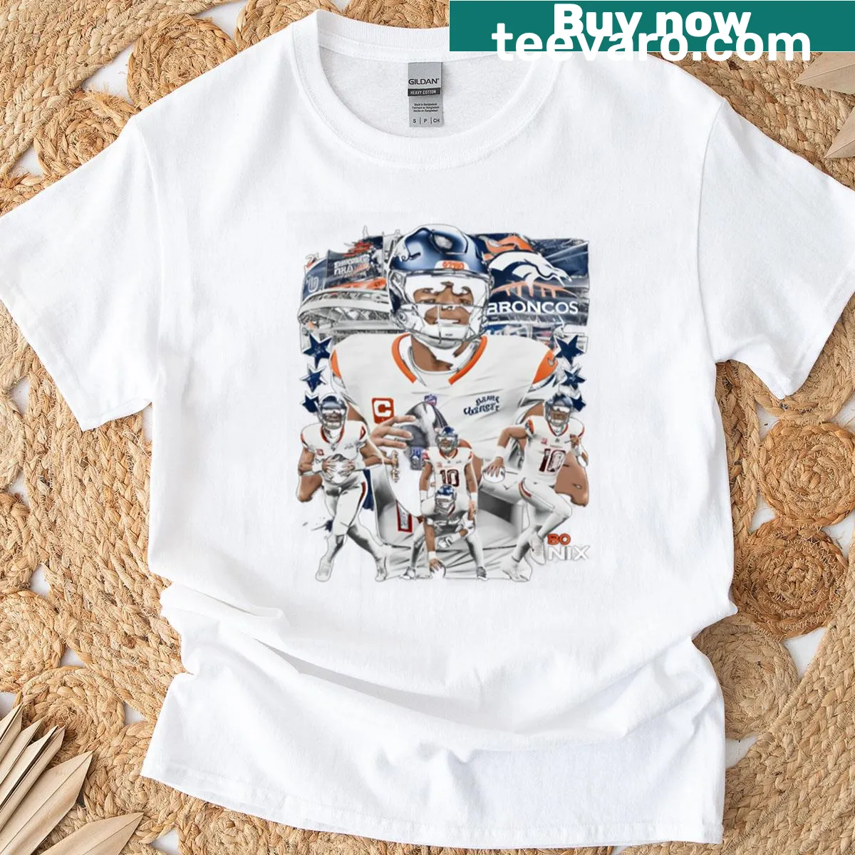 Bo Nix t-shirt featuring a Denver flag design — on a men's t-shirt