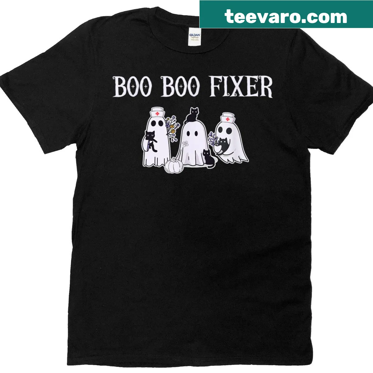 Cute ghost nurse illustration for Halloween t-shirt — on a men's t-shirt