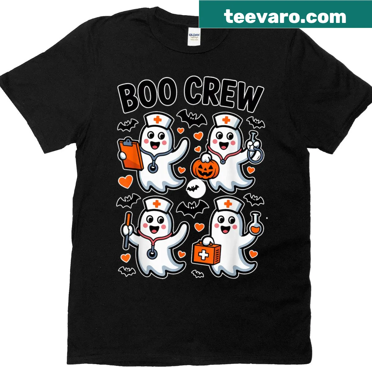 Funny Halloween-themed t-shirt for nurses with 'Boo Crew' and pumpkins — on a men's t-shirt