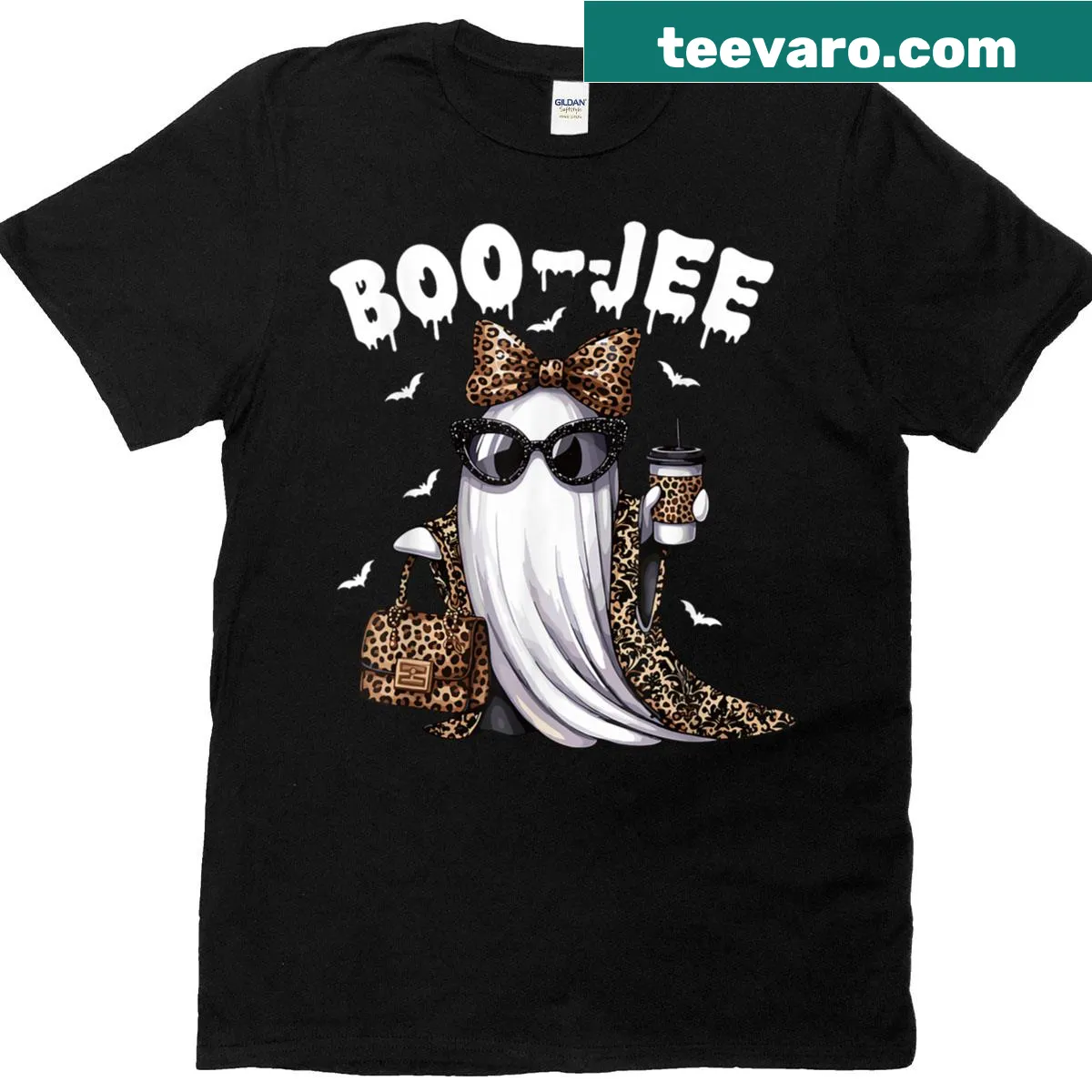 Halloween-themed tee featuring a whimsical ghost and 'Boo Jee' text — on a men's t-shirt
