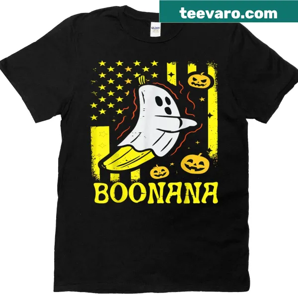 Funny banana ghost illustration on a Halloween-themed t-shirt